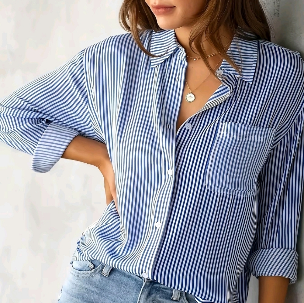 NWT Blue White Stripe Button Down Blouse Size 2XL Wrinkle Free One‎ Pocket